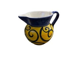 VTG Blue & Yellow Scroll Design Small Ceramic Serving Pitcher Made In Italy